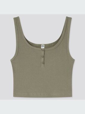 UNIQLO Olive Ribbed Henley Crop Tank XS